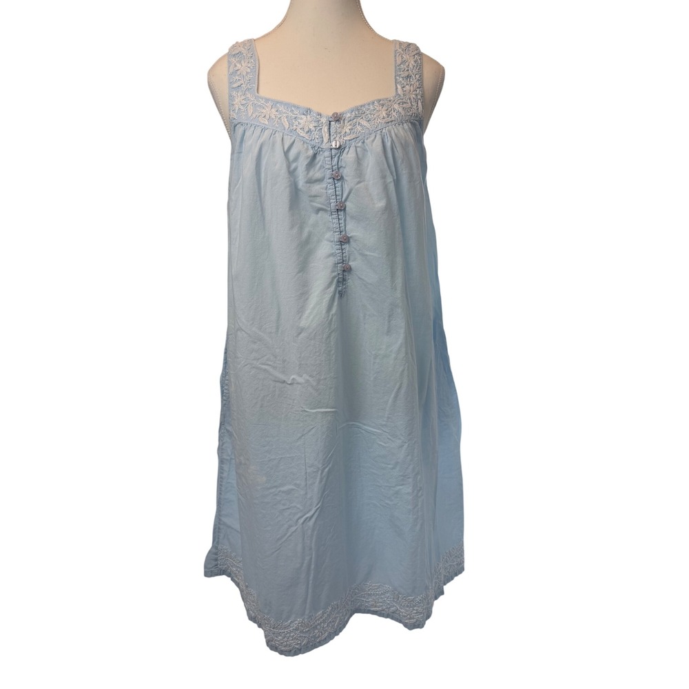 La Cera Small Blue Cotton Embroidered Sleeveless Nightgown Cottage Country *Flaw